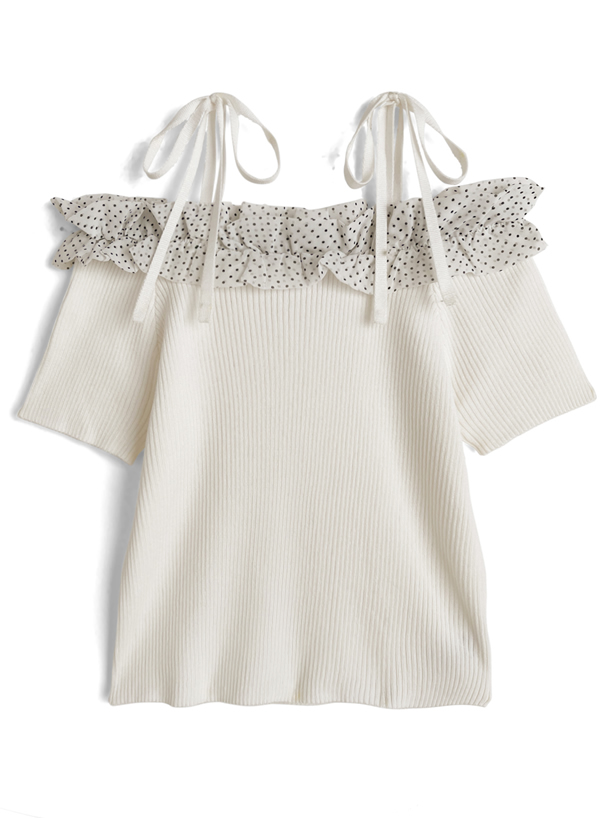ドット柄フリルリボンオフショルダーニットトップス