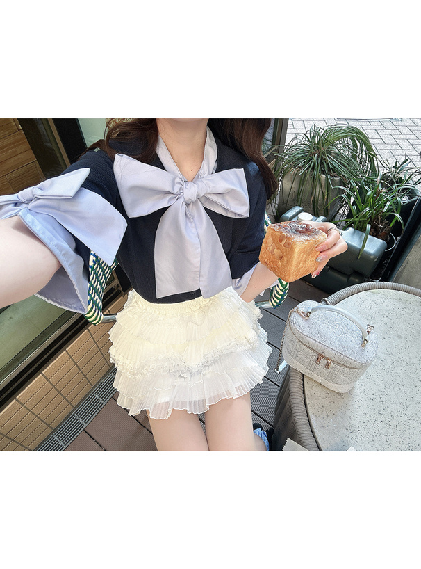 ボウタイ袖リボンニットトップス