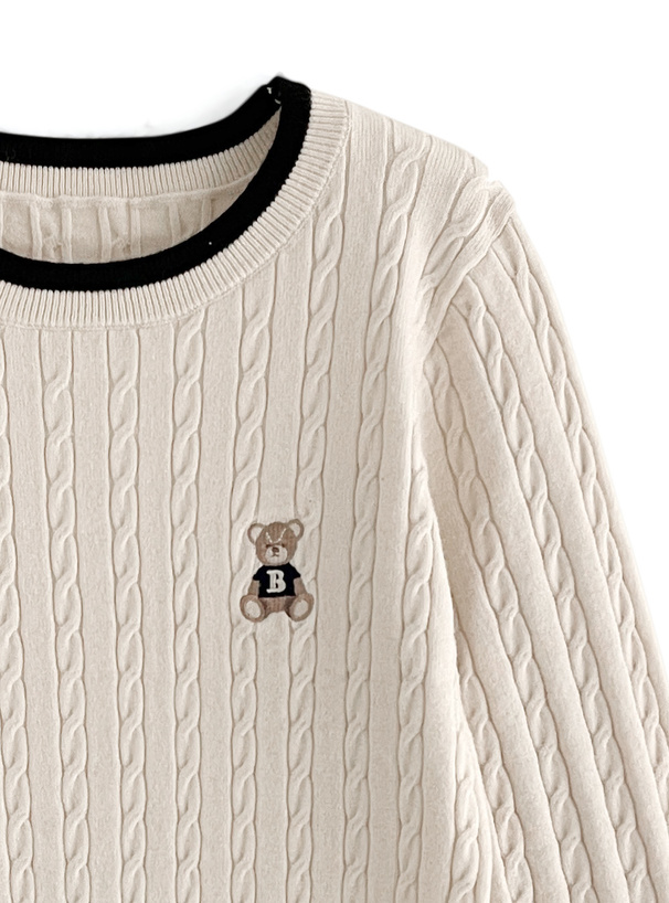 テディベア刺繍ラインニットトップス