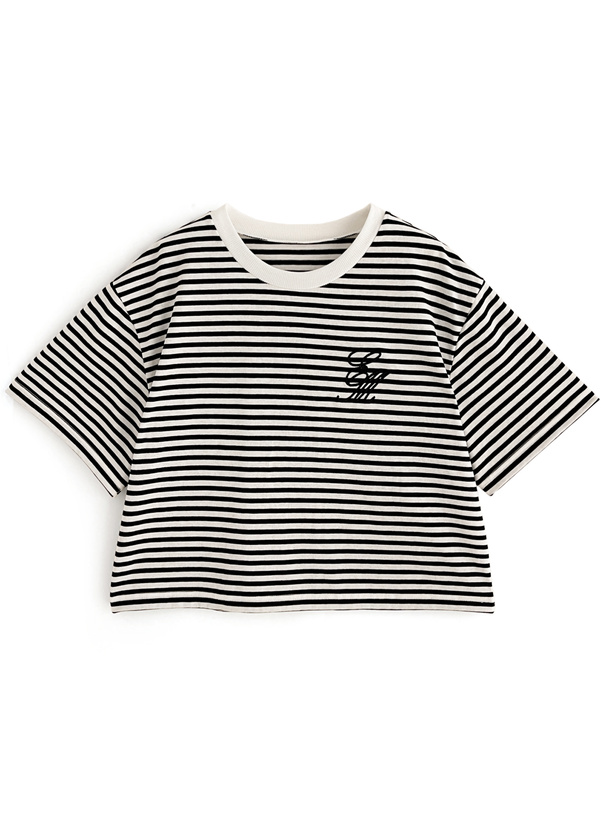 ボーダー柄ロゴ刺繍ショート丈Tシャツ[fu22] | レディースファッション