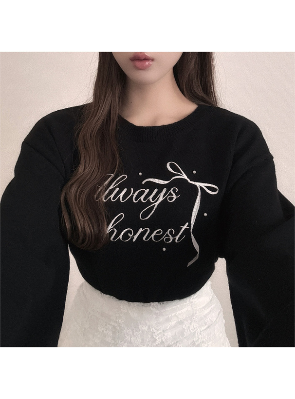 ロゴ刺繍パールリボンニットトップス