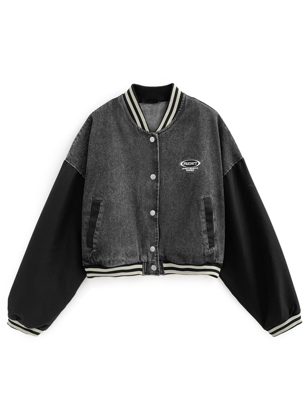 ケミカル配色ラインロゴ刺繍デニムブルゾン[fu241]