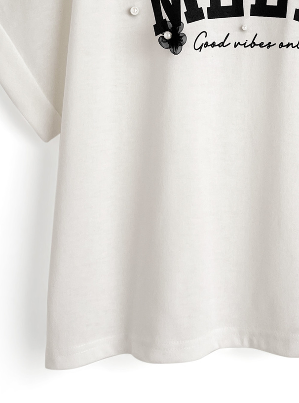 オーガンジーフラワーパールロゴTシャツ