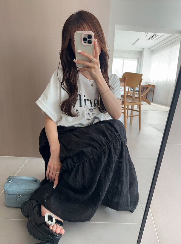 パールキャットプリントTシャツ