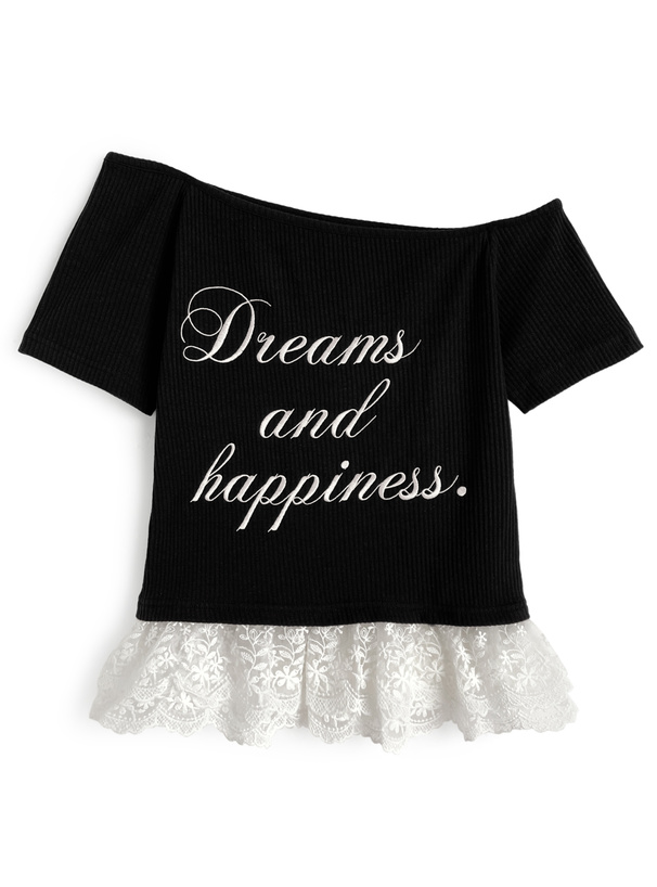 ロゴ刺繍レースワンショルダートップス