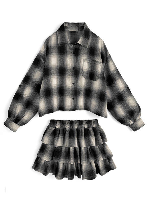 2Wayチェック柄シャツ×フリルティアードミニスカートセットアップ[fu275]