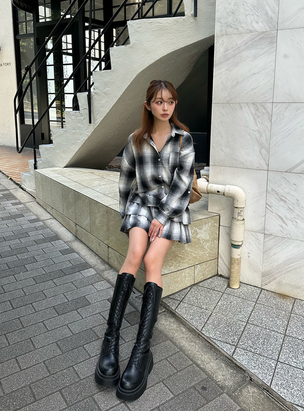 2Wayチェック柄シャツ×フリルティアードミニスカートセットアップ