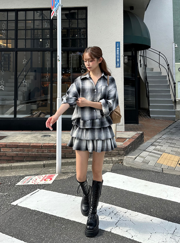 2Wayチェック柄シャツ×フリルティアードミニスカートセットアップ