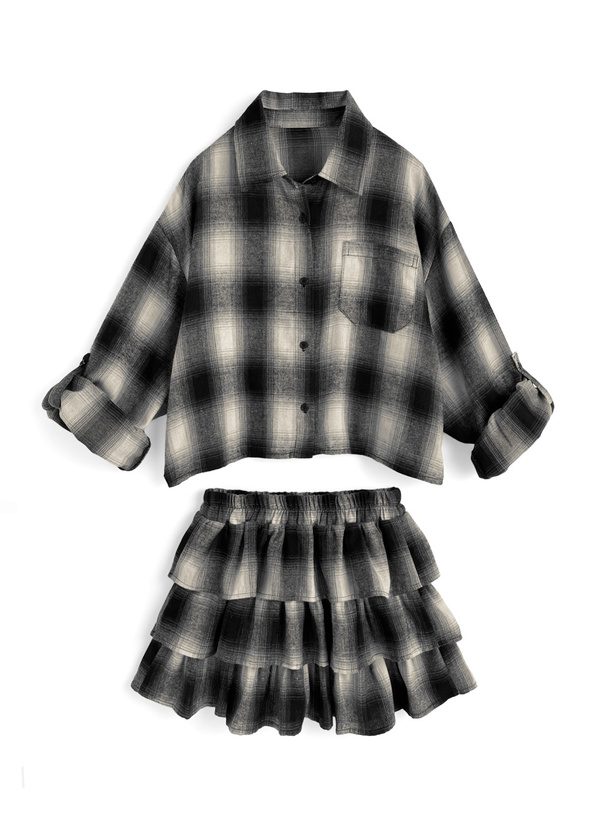2Wayチェック柄シャツ×フリルティアードミニスカート