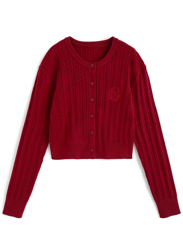 ケーブル編みロゴ刺繍ニットカーディガン[fu276]