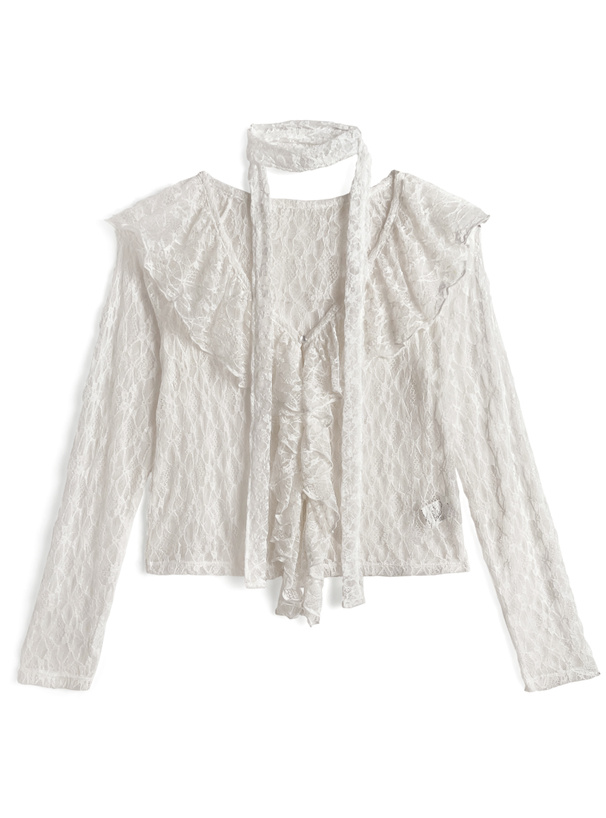 チョーカー付きラッフルフリルレースカーディガン