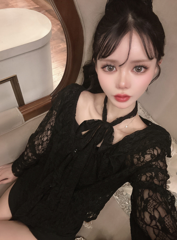 チョーカー付きラッフルフリルレースカーディガン