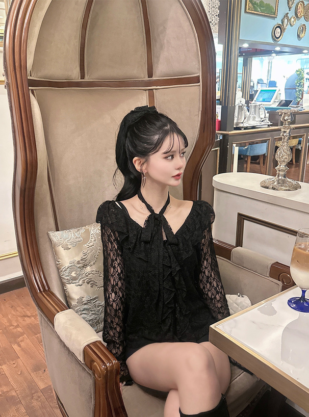 チョーカー付きラッフルフリルレースカーディガン