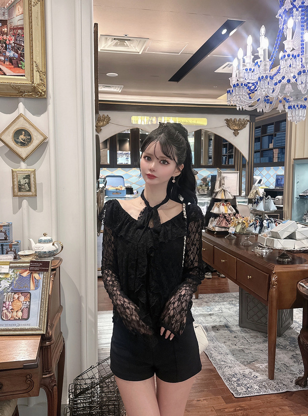 チョーカー付きラッフルフリルレースカーディガン