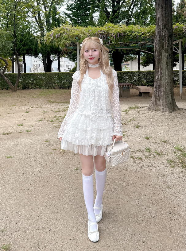 チョーカー付きラッフルフリルレースカーディガン