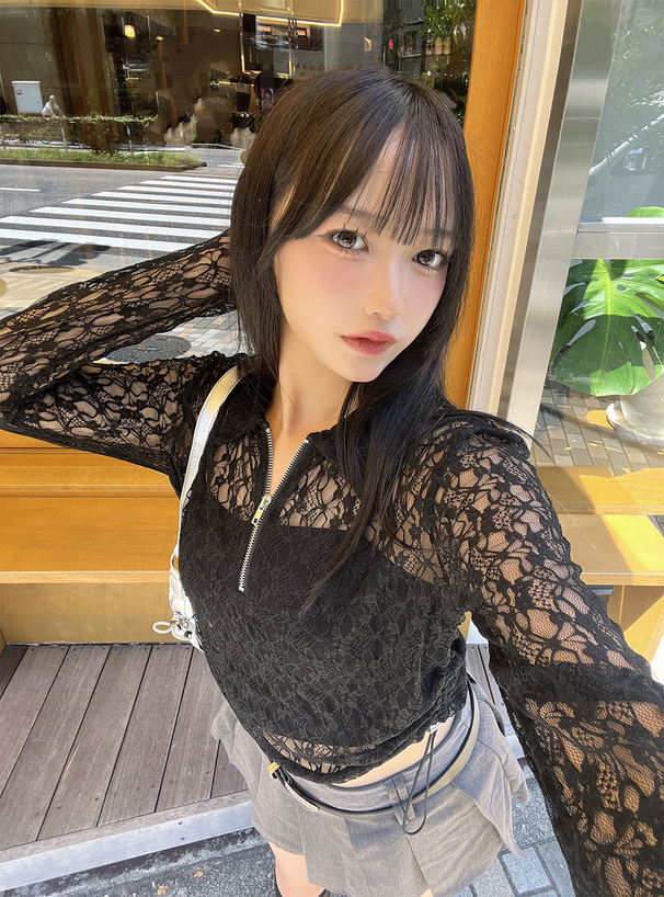 サイドドロストハーフジップレーストップス