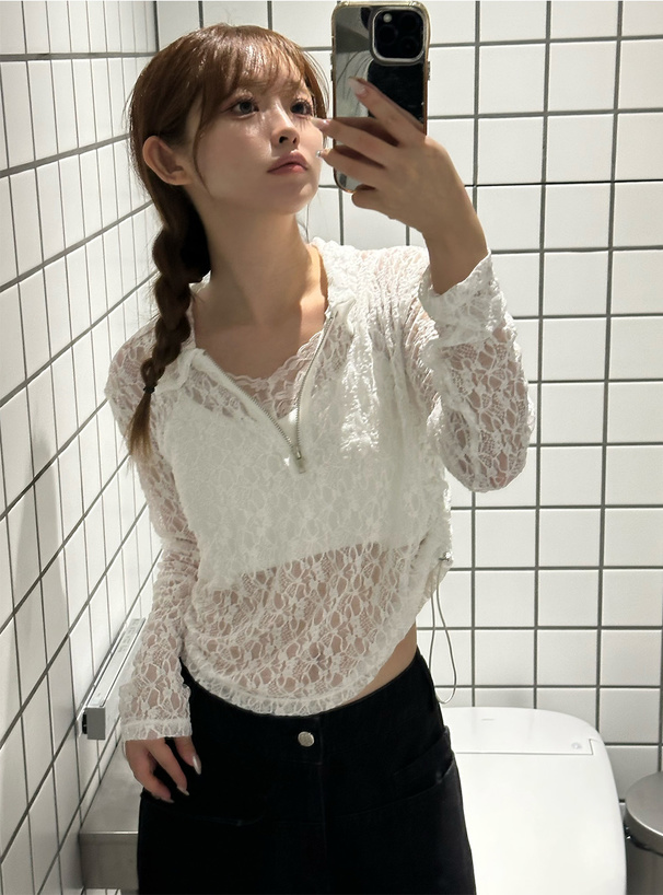 サイドドロストハーフジップレーストップス