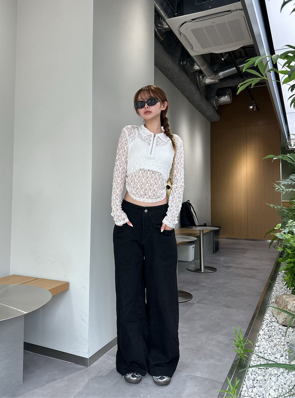 サイドドロストハーフジップレーストップス