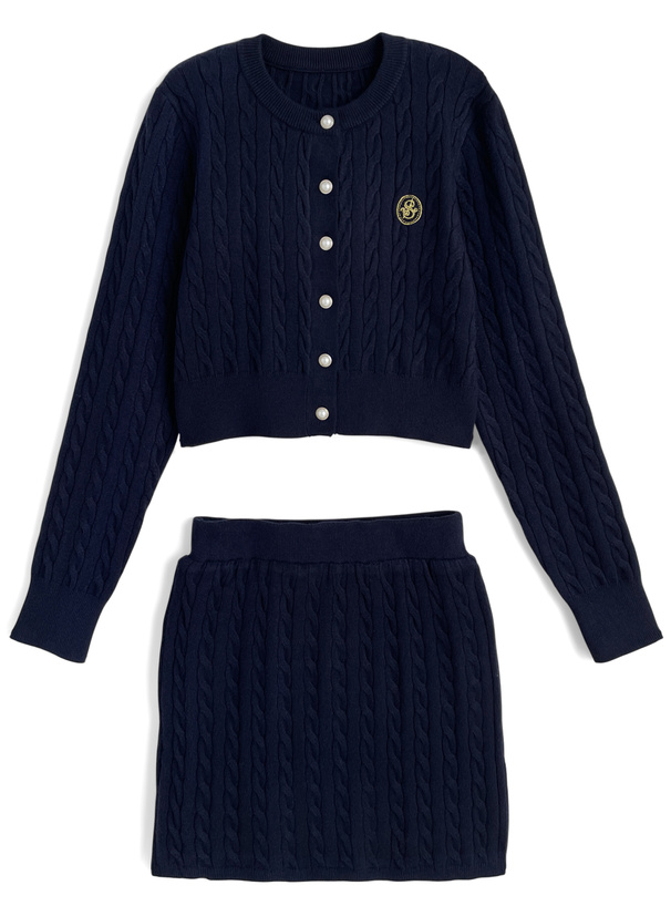 パールボタンケーブル編みニットカーディガン×ミニスカートセットアップ[fu284]