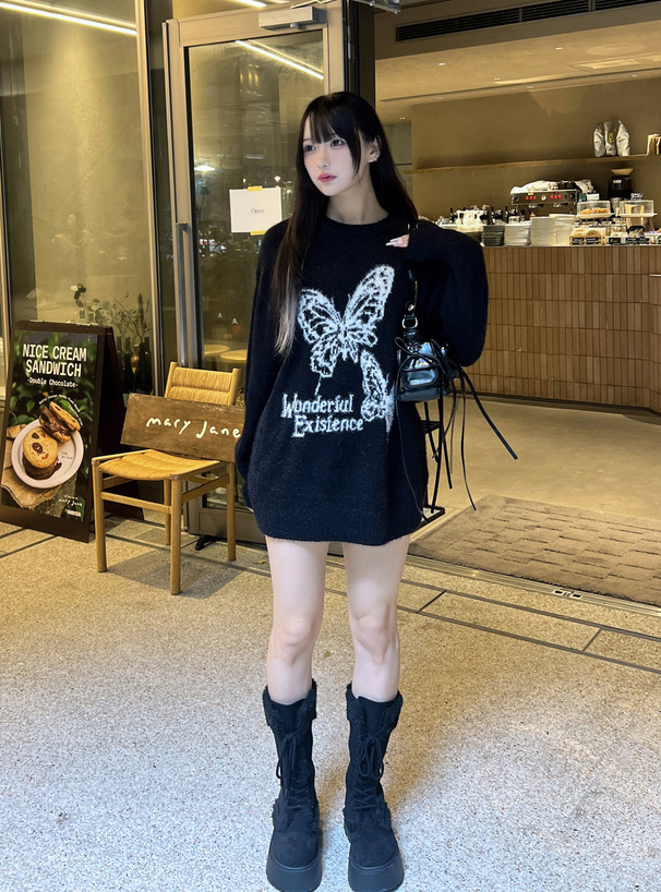 バタフライロゴシャギーニットワンピース