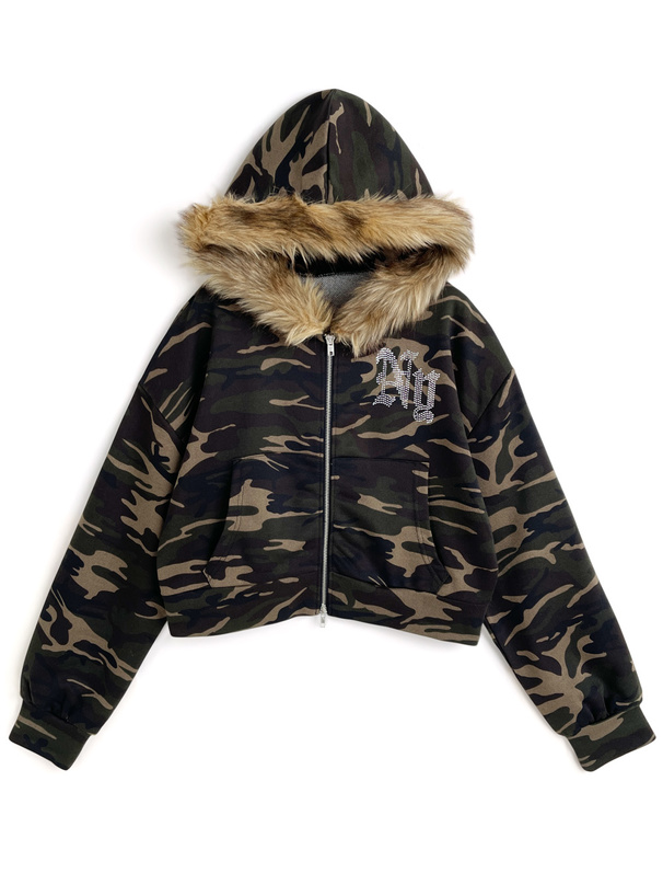 カモフラージュ柄フードファーダブルジップスウェットパーカー[fu291