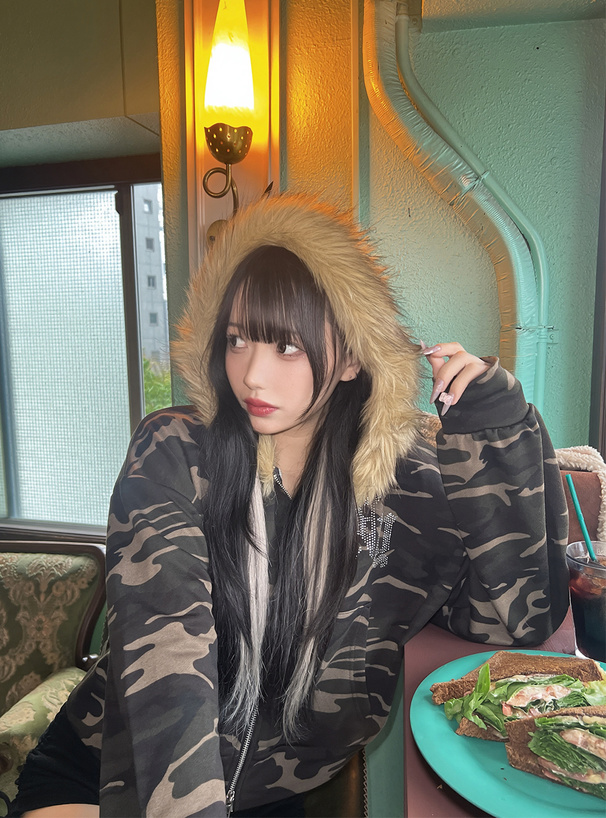 カモフラージュ柄フードファーダブルジップスウェットパーカー[fu291