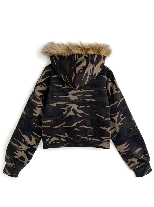 カモフラージュ柄フードファーダブルジップスウェットパーカー[fu291