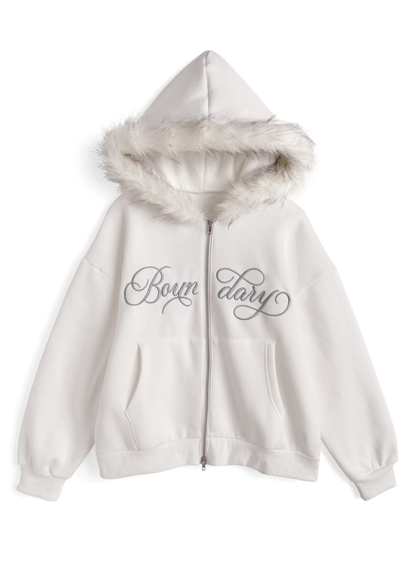 ファーフードロゴ刺繍ダブルジップスウェットパーカー[fu292