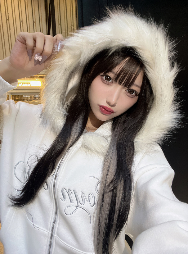 ファーフードロゴ刺繍ダブルジップスウェットパーカー[fu292