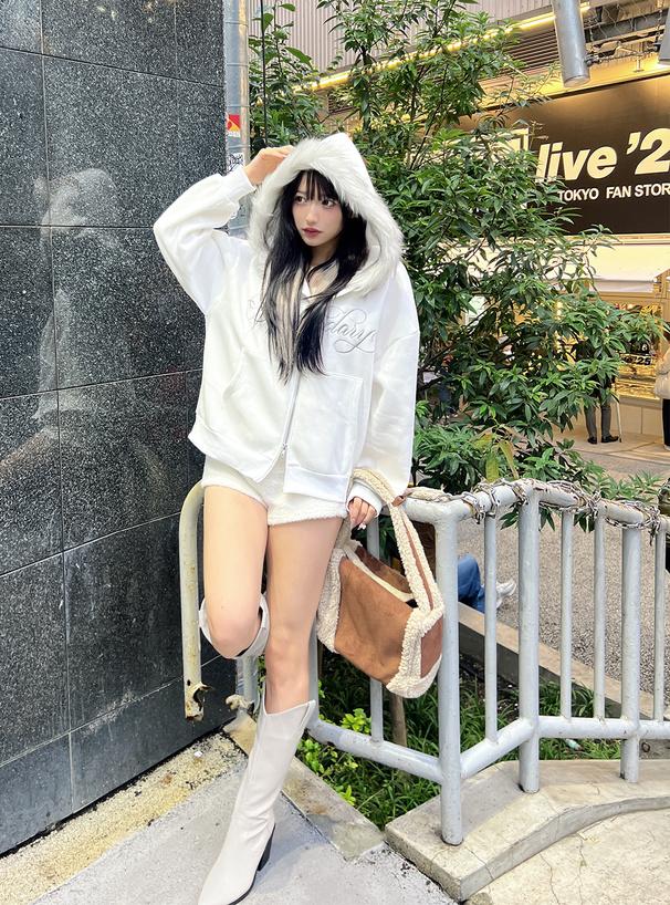 ファーフードロゴ刺繍ダブルジップスウェットパーカー[fu292