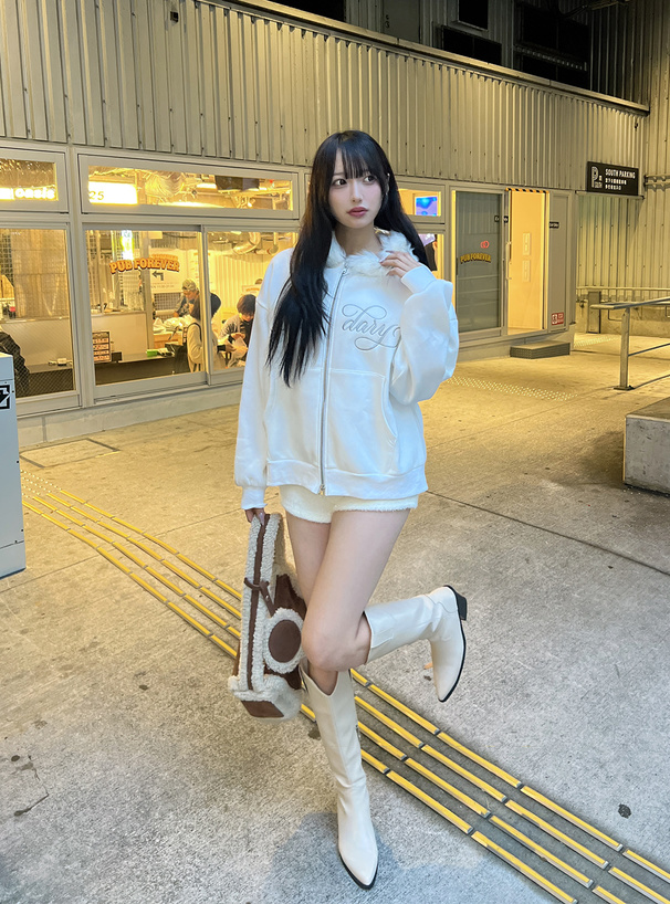 ファーフードロゴ刺繍ダブルジップスウェットパーカー[fu292