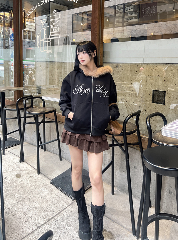 ファーフードロゴ刺繍ダブルジップスウェットパーカー[fu292