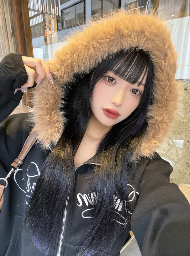 ファーフードロゴ刺繍ダブルジップスウェットパーカー[fu292