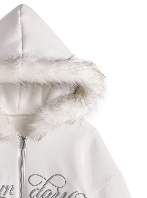 ファーフードロゴ刺繍ダブルジップスウェットパーカー