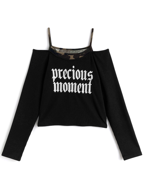 2Wayカモフラージュ柄レイヤード風ロゴ刺繍トップス[fu296]