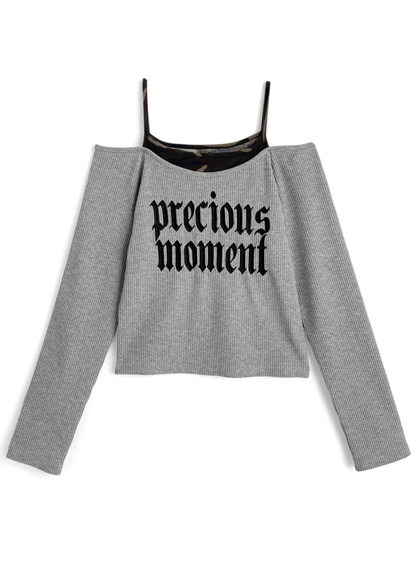 2Wayカモフラージュ柄レイヤード風ロゴ刺繍トップス