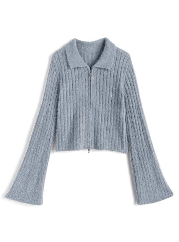 ラメシャギーダブルジップフレアスリーブリブニットトップス