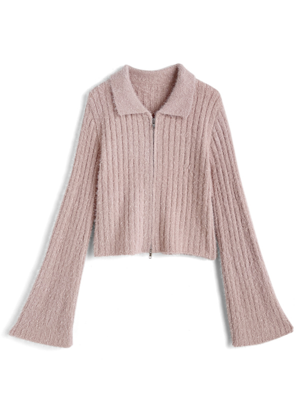 ラメシャギーダブルジップフレアスリーブリブニットトップス