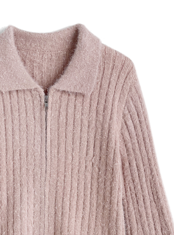 ラメシャギーダブルジップフレアスリーブリブニットトップス