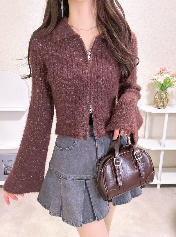 ラメシャギーダブルジップフレアスリーブリブニットトップス