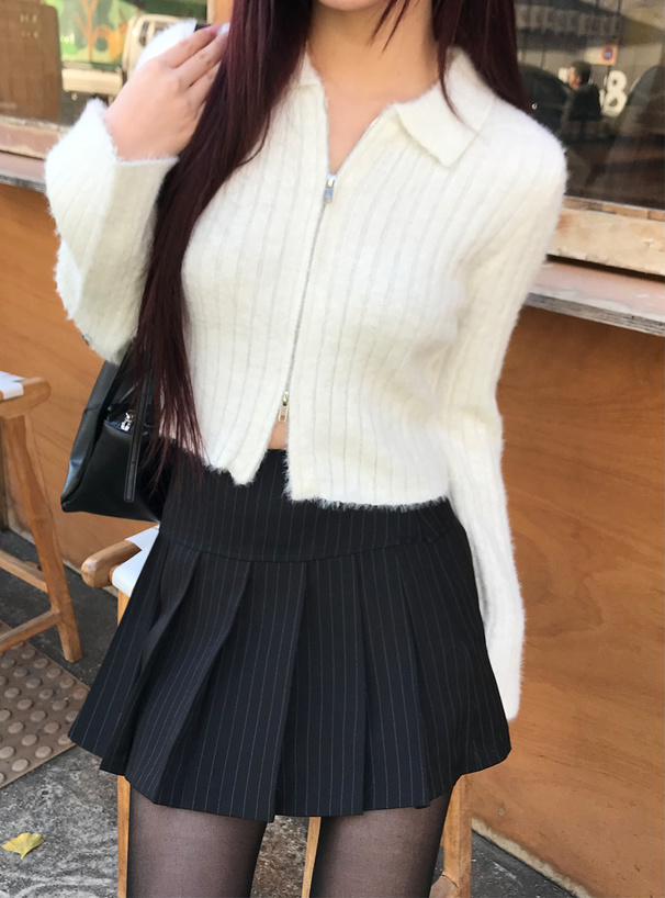 ラメシャギーダブルジップフレアスリーブリブニットトップス