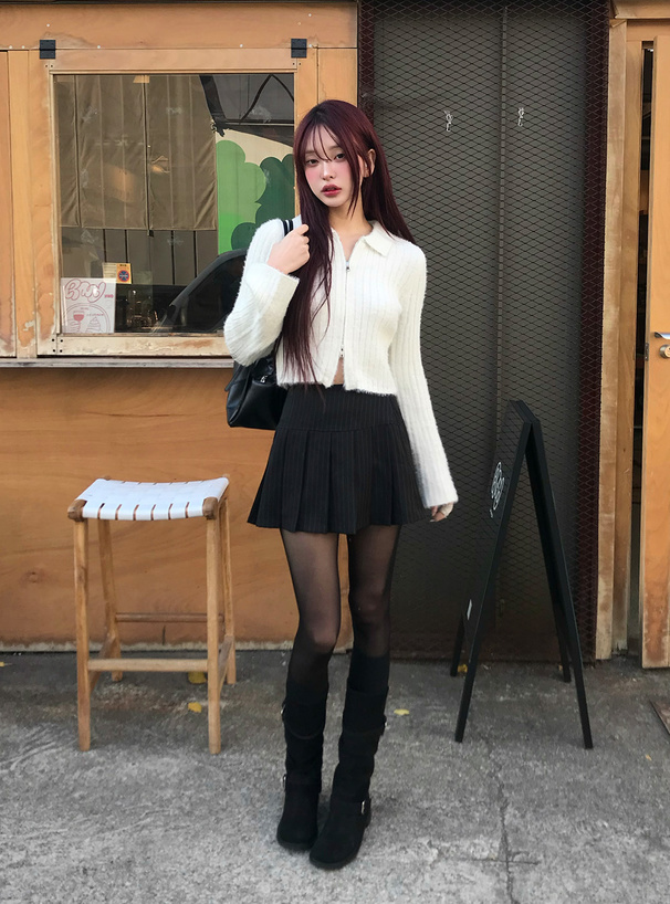 ラメシャギーダブルジップフレアスリーブリブニットトップス