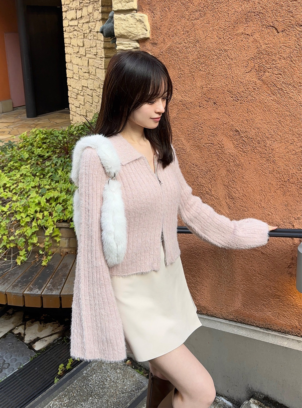 ラメシャギーダブルジップフレアスリーブリブニットトップス[fu297