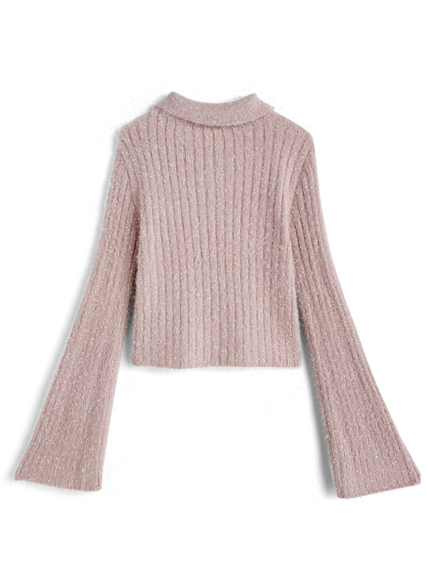 ラメシャギーダブルジップフレアスリーブリブニットトップス