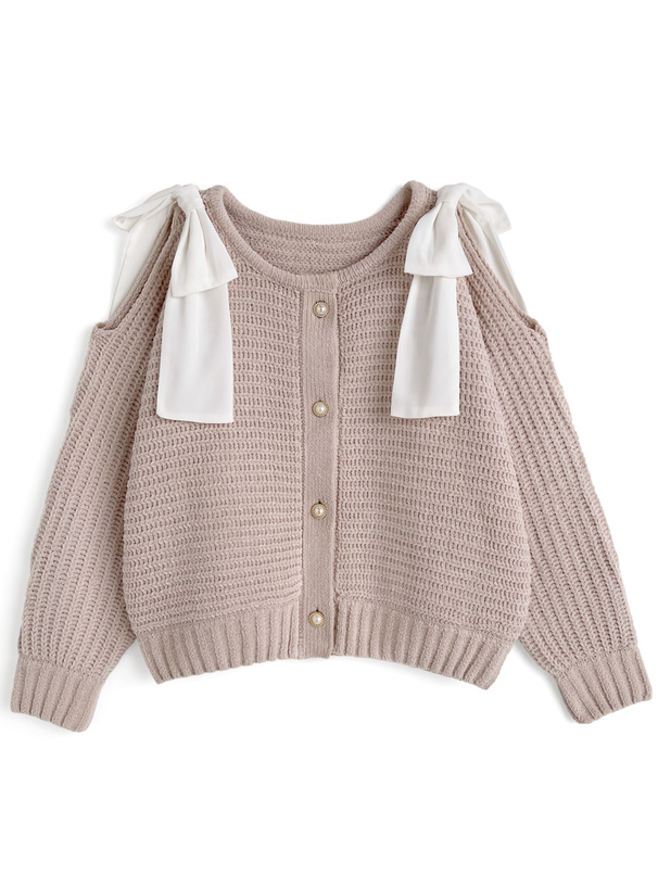 ショルダーオープンリボンモールニットカーディガン