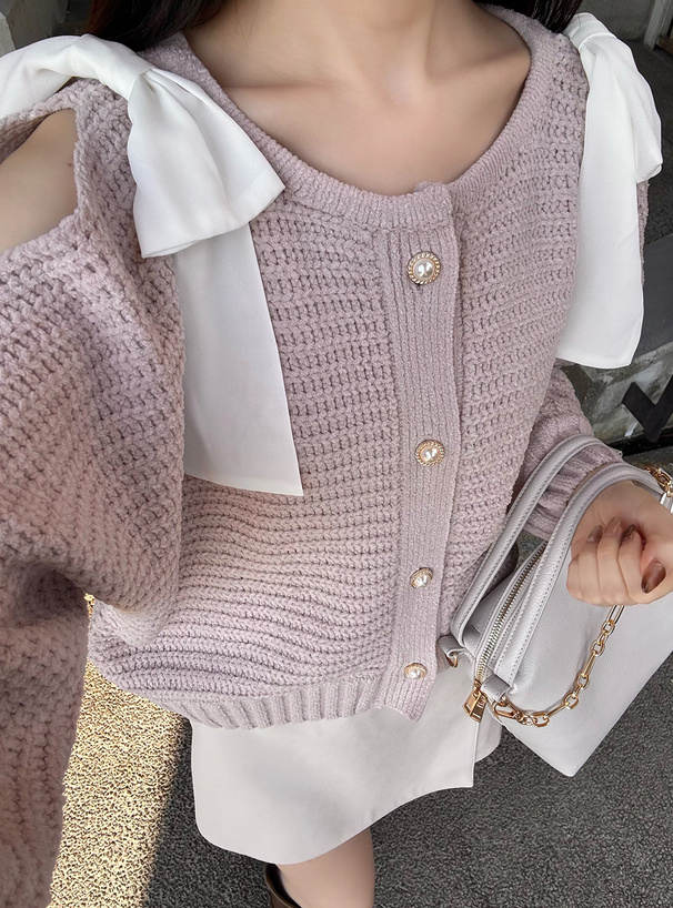 ショルダーオープンリボンモールニットカーディガン