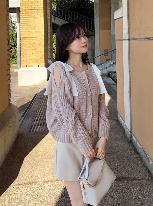 ショルダーオープンリボンモールニットカーディガン