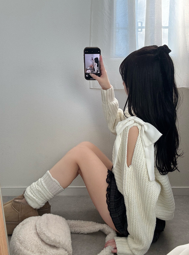 ショルダーオープンリボンモールニットカーディガン