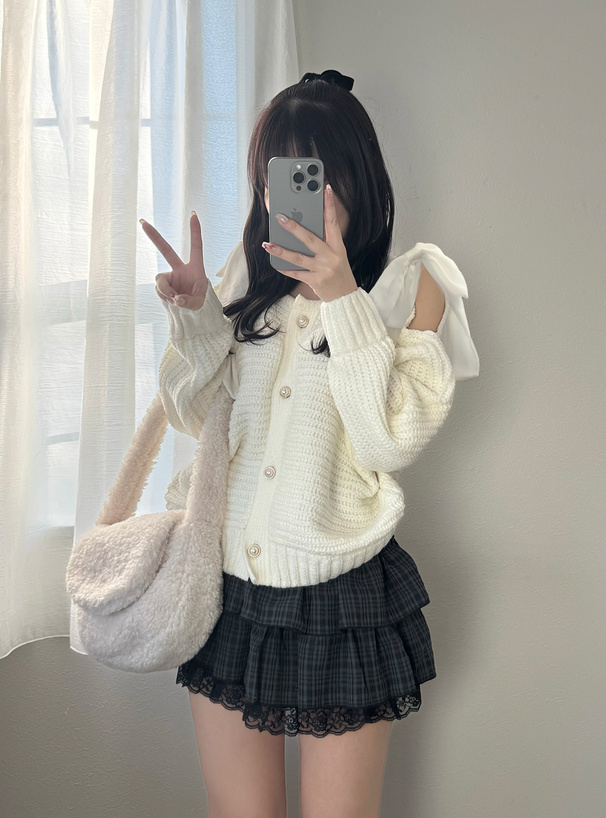 ショルダーオープンリボンモールニットカーディガン