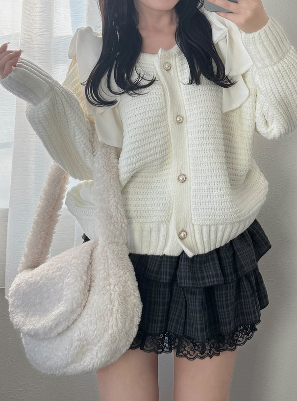 ショルダーオープンリボンモールニットカーディガン